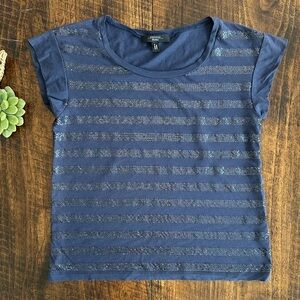 Weekend Max Mara | Navy Blue Sequin Striped Short Sleeve Crewneck Tee, Size S